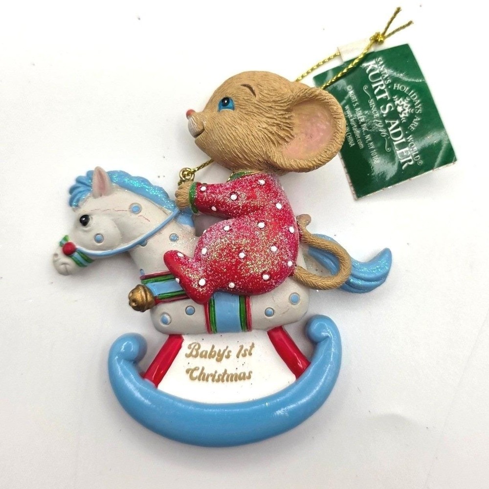 Kurt S. Adler Baby's 1st Christmas Mouse Rocking Horse Ornament Blue Red New